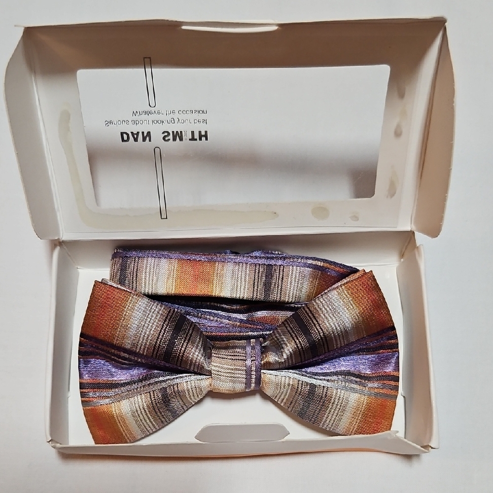 NEW Dan Smith Bow Tie in Gift Box Orange Brown Purple Stripes Handmade